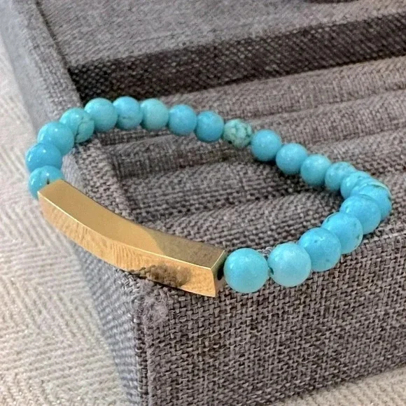 Natural Turquoise Beaded 18k PVD Stainless Steel Bar Stretch Bracelet Waterproof - Picture 6 of 6